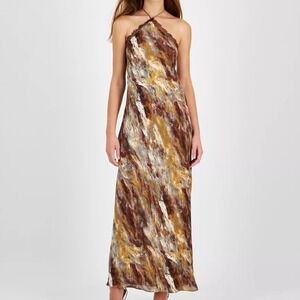 1.State Printed Lace Trim Halter Sleeveless Maxi Brown Multi Dress Womens XL